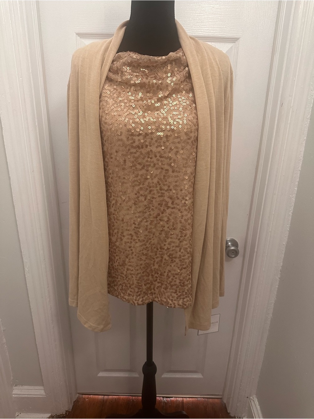 Sag Harbor Beige Sequin Front Cardigan and Shell Set